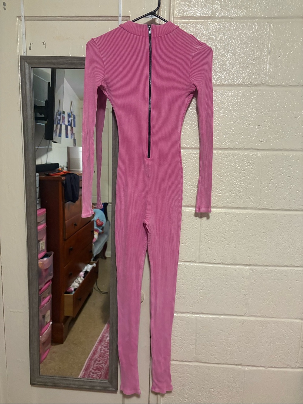 Fashion Nova Pink Ribbed Long-Sleeve Bodysuit Jumpsuit